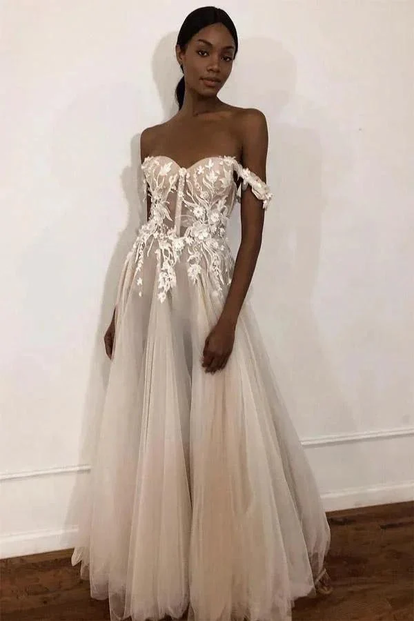 See-Through Off Shoulder Ivory Long Wedding Dress with Appliques  WD363 - Image 2
