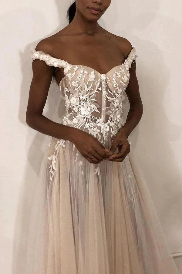 See-Through Off Shoulder Ivory Long Wedding Dress with Appliques  WD363 - Image 3