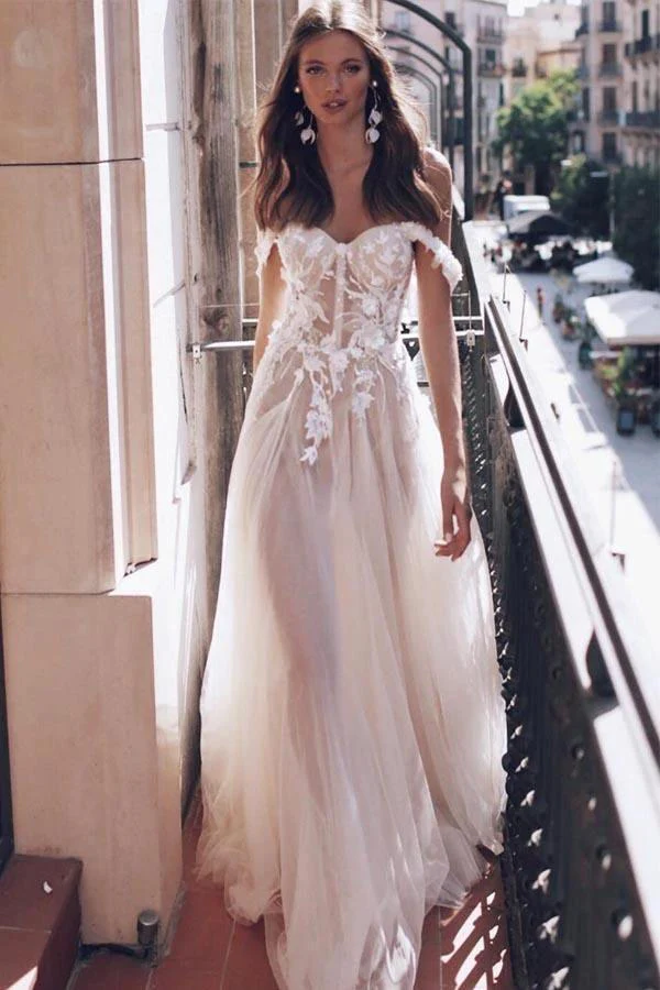 See-Through Off Shoulder Ivory Long Wedding Dress with Appliques  WD363 - Image 5
