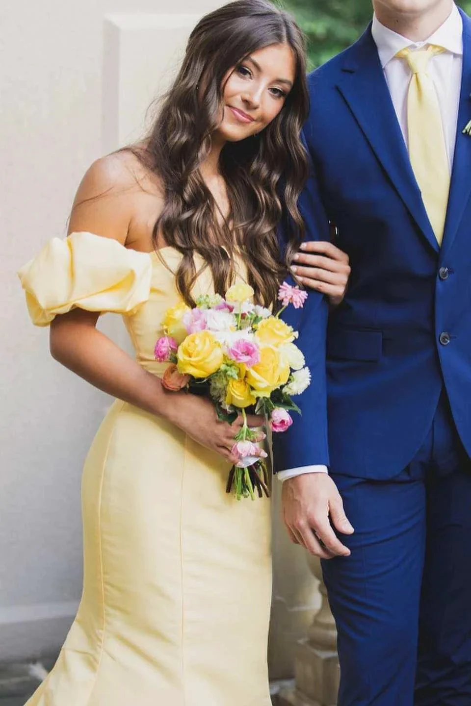 Seoni | Yellow Satin Strapless Mermaid Pleated Long Formal Prom Dress with Sleeves - Image 2