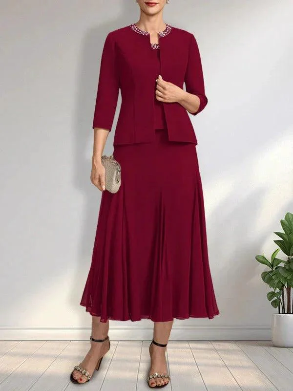 Separates A-line Scoop Tea-Length Chiffon Mother of the Bride Dress With Sequins Beading - Image 10