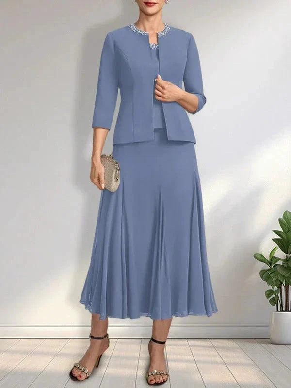 Separates A-line Scoop Tea-Length Chiffon Mother of the Bride Dress With Sequins Beading - Image 11