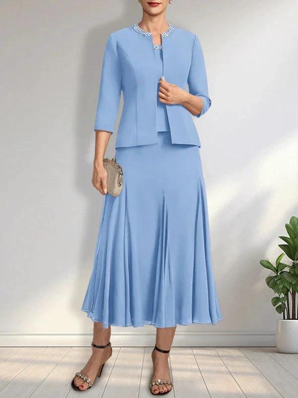 Separates A-line Scoop Tea-Length Chiffon Mother of the Bride Dress With Sequins Beading - Image 13