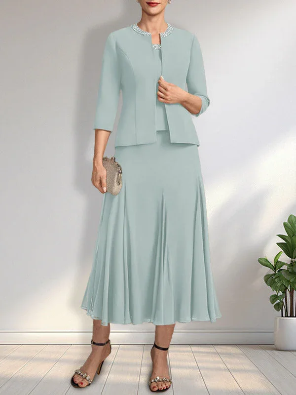 Separates A-line Scoop Tea-Length Chiffon Mother of the Bride Dress With Sequins Beading - Image 14