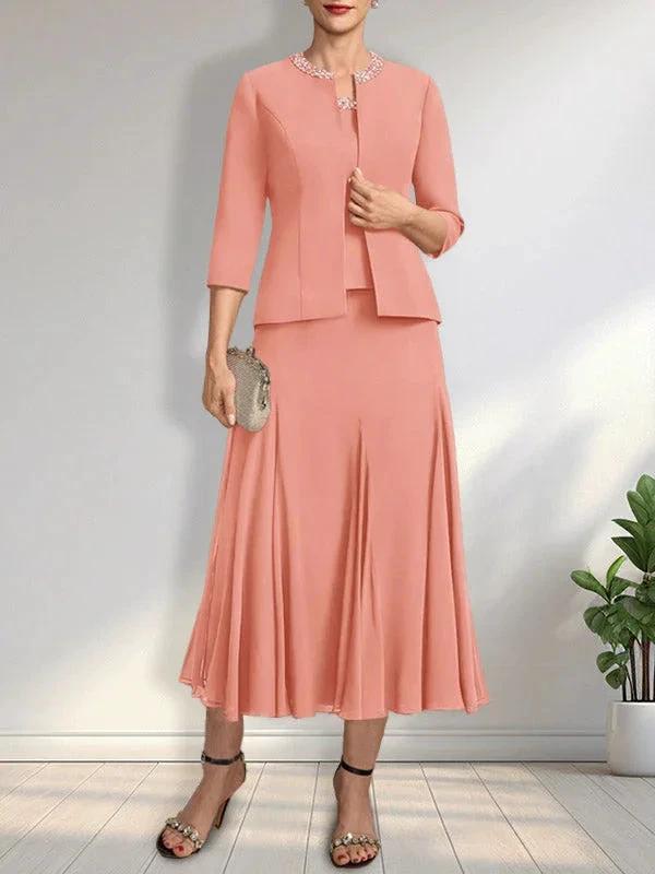 Separates A-line Scoop Tea-Length Chiffon Mother of the Bride Dress With Sequins Beading - Image 15