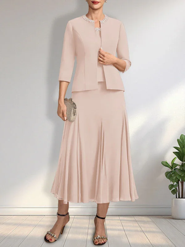 Separates A-line Scoop Tea-Length Chiffon Mother of the Bride Dress With Sequins Beading - Image 16