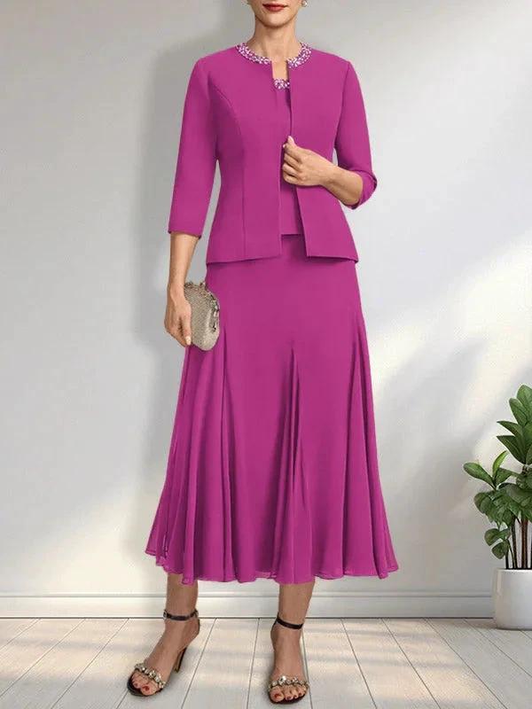 Separates A-line Scoop Tea-Length Chiffon Mother of the Bride Dress With Sequins Beading - Image 17