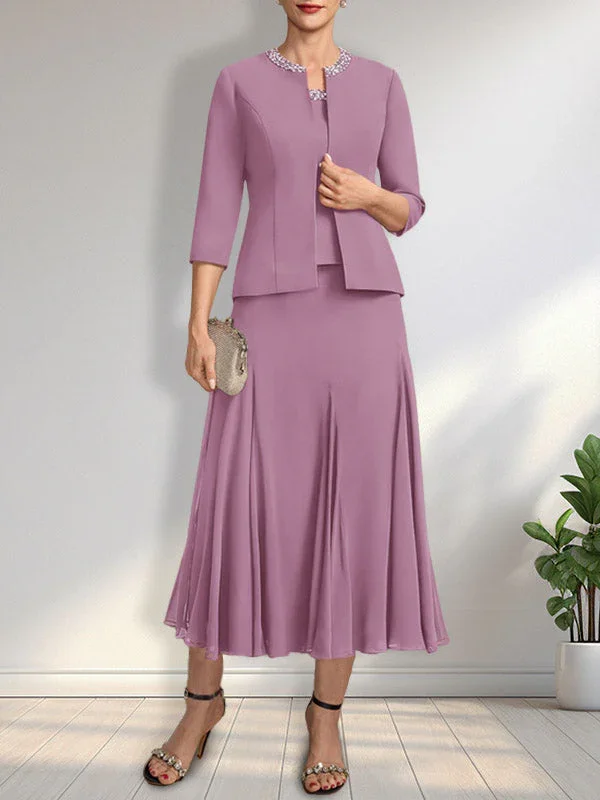 Separates A-line Scoop Tea-Length Chiffon Mother of the Bride Dress With Sequins Beading - Image 18