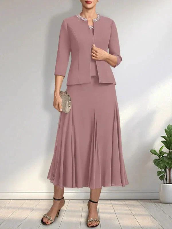 Separates A-line Scoop Tea-Length Chiffon Mother of the Bride Dress With Sequins Beading - Image 19