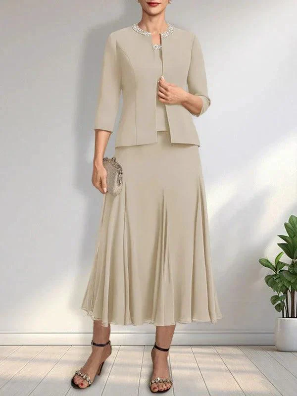 Separates A-line Scoop Tea-Length Chiffon Mother of the Bride Dress With Sequins Beading - Image 2