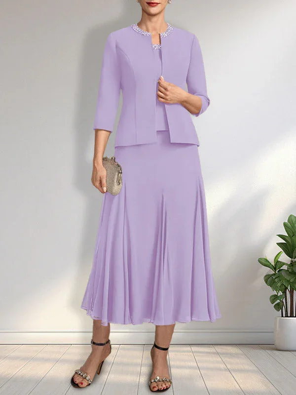 Separates A-line Scoop Tea-Length Chiffon Mother of the Bride Dress With Sequins Beading - Image 20