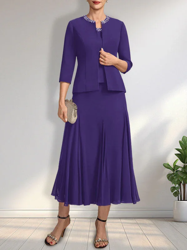 Separates A-line Scoop Tea-Length Chiffon Mother of the Bride Dress With Sequins Beading - Image 21