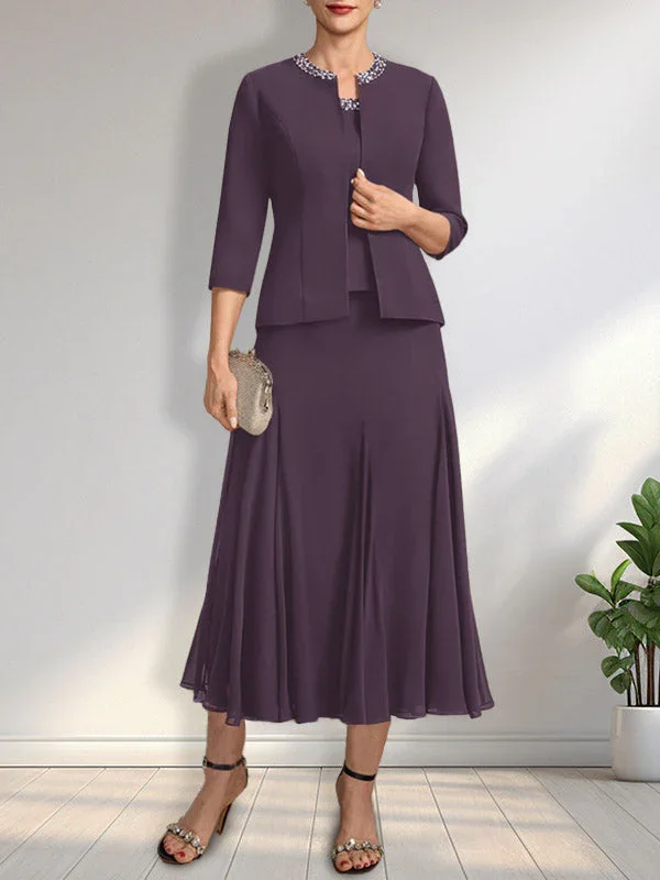 Separates A-line Scoop Tea-Length Chiffon Mother of the Bride Dress With Sequins Beading - Image 22