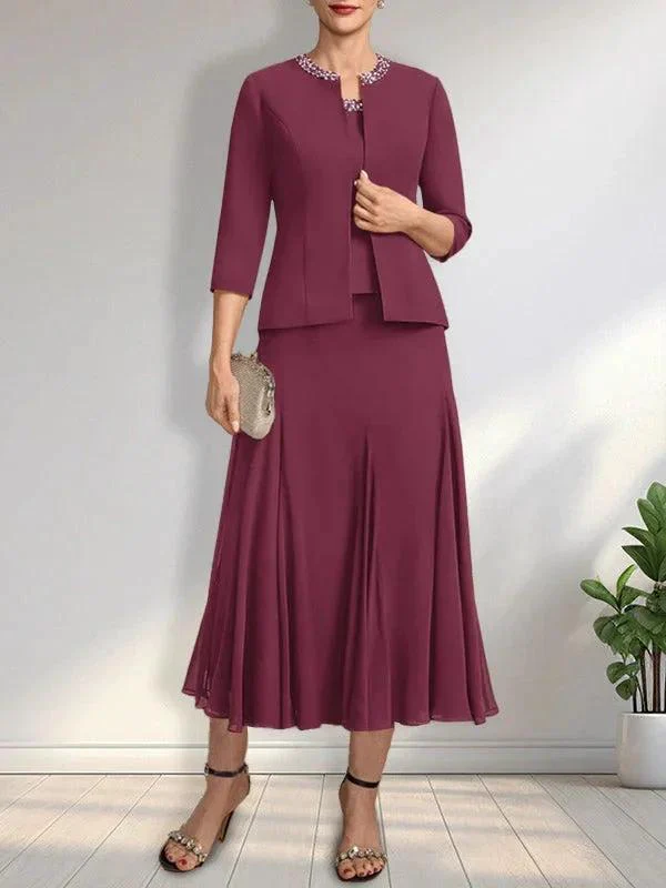 Separates A-line Scoop Tea-Length Chiffon Mother of the Bride Dress With Sequins Beading - Image 24