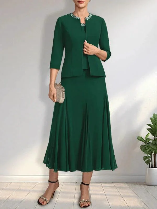 Separates A-line Scoop Tea-Length Chiffon Mother of the Bride Dress With Sequins Beading - Image 25