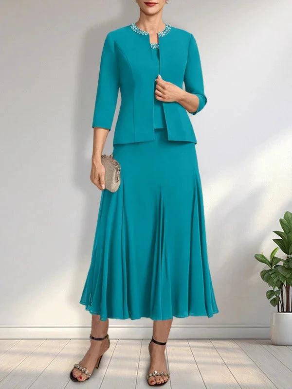 Separates A-line Scoop Tea-Length Chiffon Mother of the Bride Dress With Sequins Beading - Image 26