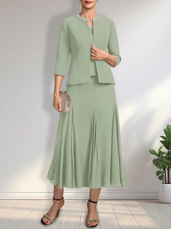 Separates A-line Scoop Tea-Length Chiffon Mother of the Bride Dress With Sequins Beading - Image 27