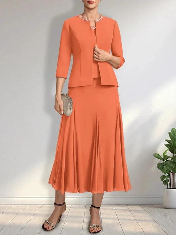 Separates A-line Scoop Tea-Length Chiffon Mother of the Bride Dress With Sequins Beading - Image 28