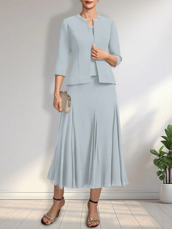 Separates A-line Scoop Tea-Length Chiffon Mother of the Bride Dress With Sequins Beading - Image 3