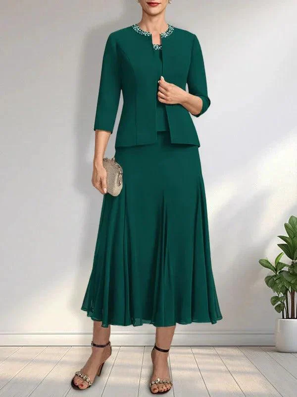 Separates A-line Scoop Tea-Length Chiffon Mother of the Bride Dress With Sequins Beading - Image 4