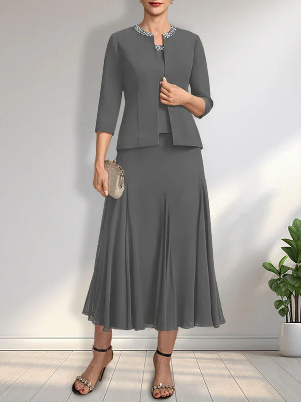 Separates A-line Scoop Tea-Length Chiffon Mother of the Bride Dress With Sequins Beading - Image 5