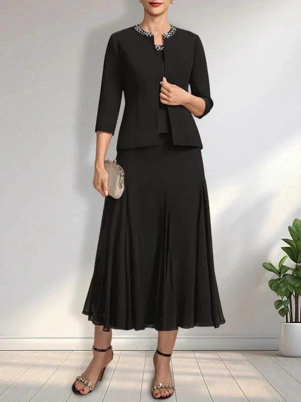 Separates A-line Scoop Tea-Length Chiffon Mother of the Bride Dress With Sequins Beading - Image 6