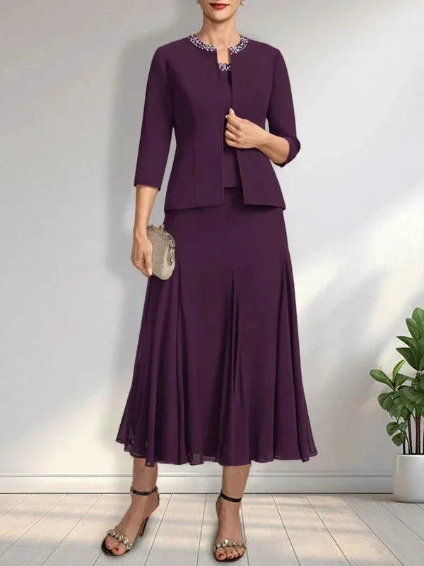 Separates A-line Scoop Tea-Length Chiffon Mother of the Bride Dress With Sequins Beading - Image 7