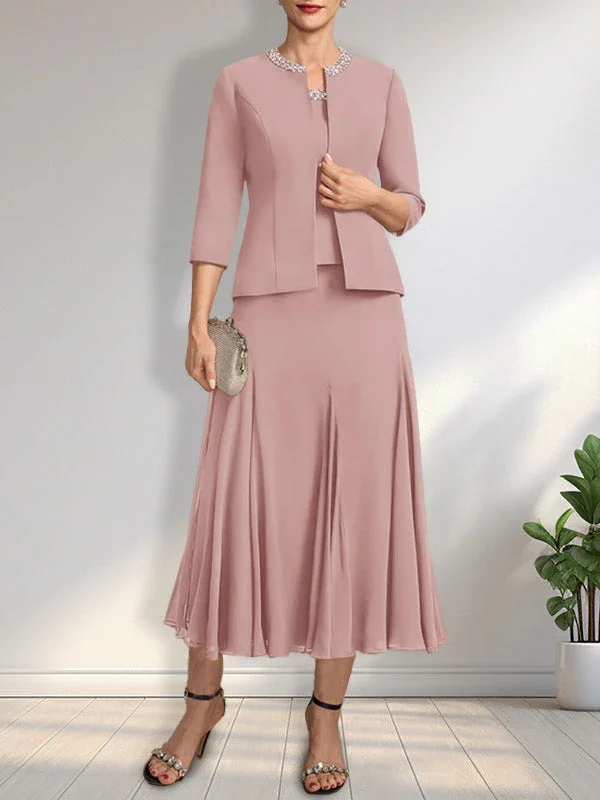 Separates A-line Scoop Tea-Length Chiffon Mother of the Bride Dress With Sequins Beading - Image 8
