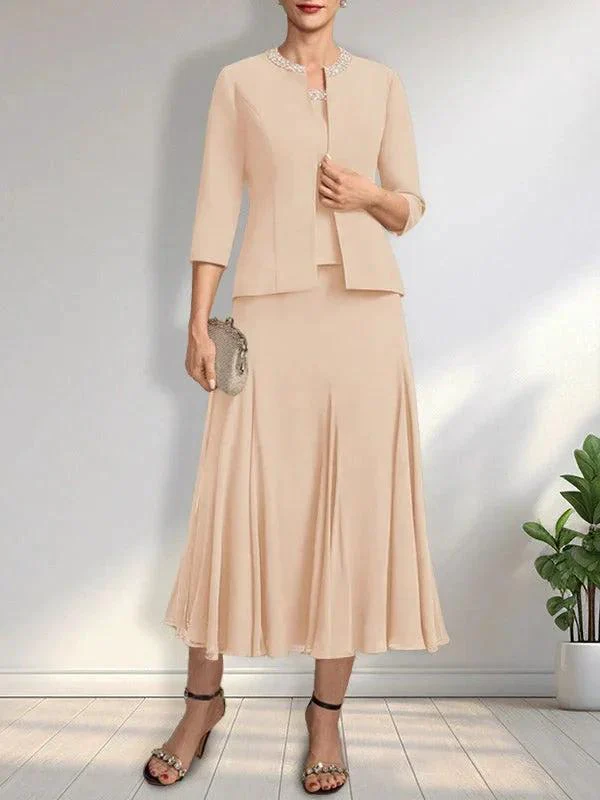 Separates A-line Scoop Tea-Length Chiffon Mother of the Bride Dress With Sequins Beading - Image 9