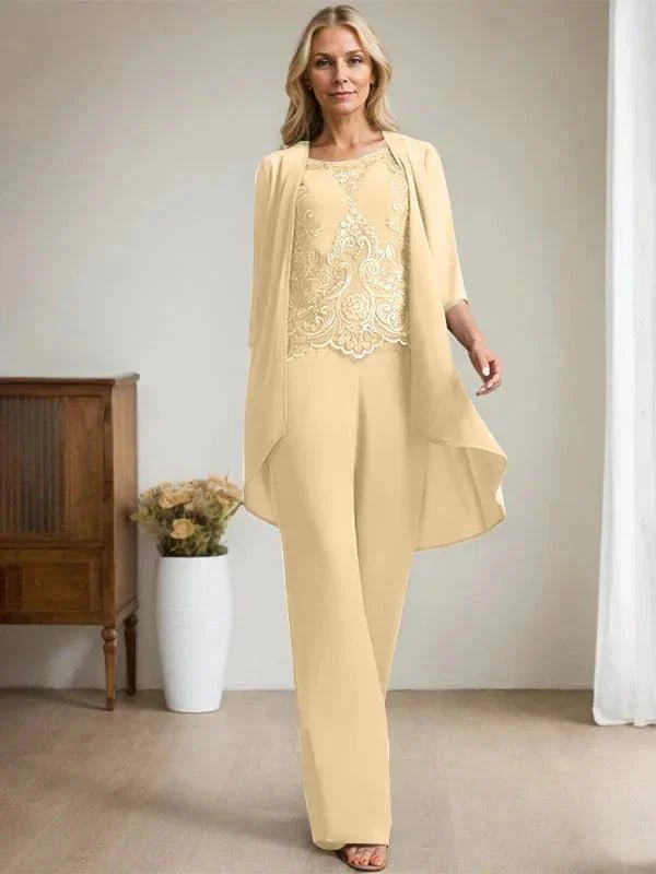 Separates Jumpsuit/Pantsuit Scoop Floor-Length Chiffon Lace Mother of the Bride Dress With Beading Sequins - Image 15