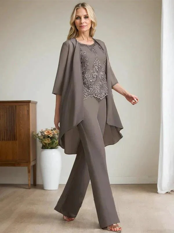 Separates Jumpsuit/Pantsuit Scoop Floor-Length Chiffon Lace Mother of the Bride Dress With Beading Sequins - Image 2