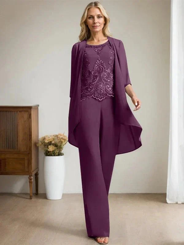 Separates Jumpsuit/Pantsuit Scoop Floor-Length Chiffon Lace Mother of the Bride Dress With Beading Sequins - Image 21
