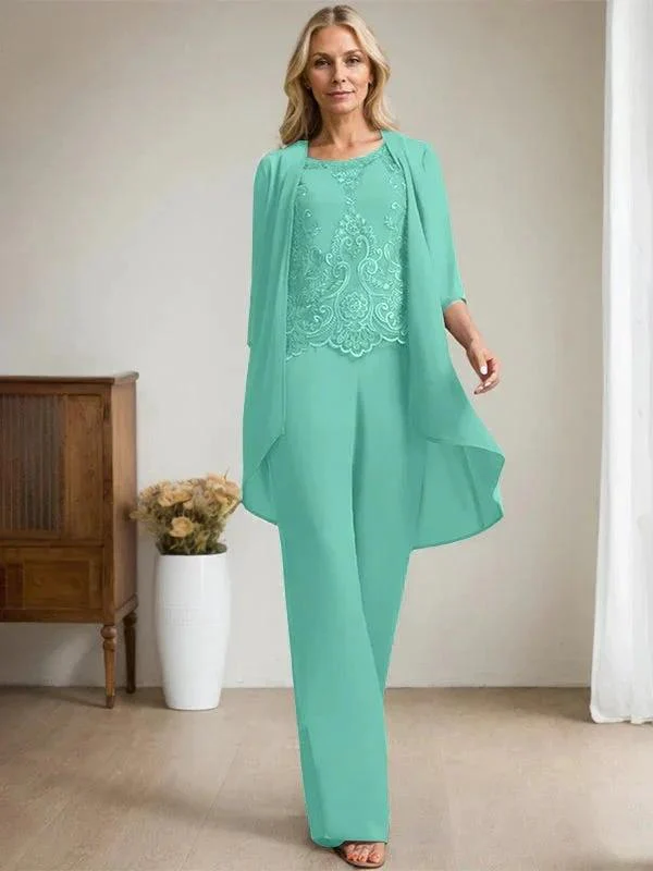Separates Jumpsuit/Pantsuit Scoop Floor-Length Chiffon Lace Mother of the Bride Dress With Beading Sequins - Image 24