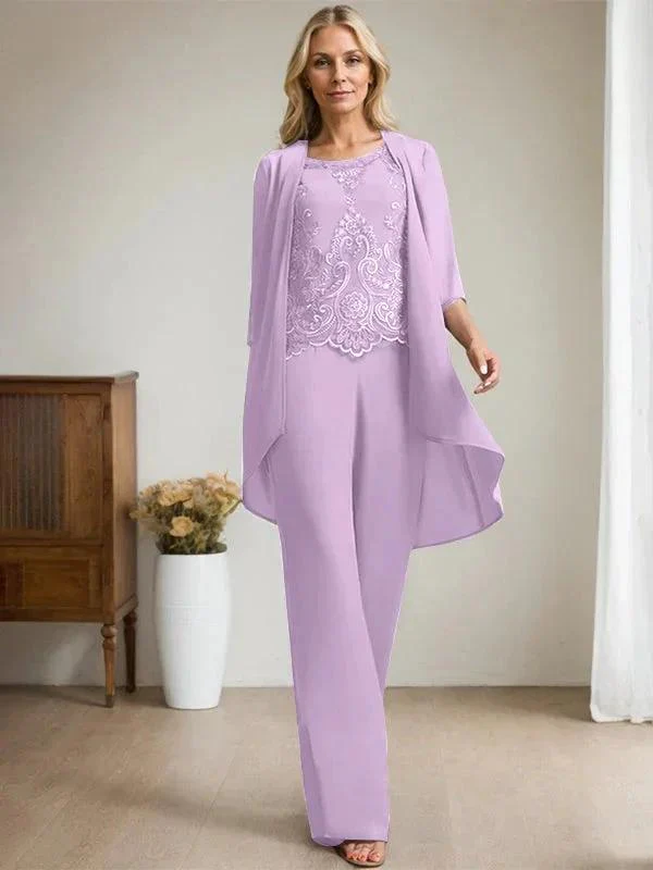 Separates Jumpsuit/Pantsuit Scoop Floor-Length Chiffon Lace Mother of the Bride Dress With Beading Sequins - Image 25