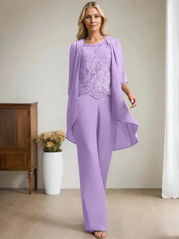 Separates Jumpsuit/Pantsuit Scoop Floor-Length Chiffon Lace Mother of the Bride Dress With Beading Sequins - Image 26