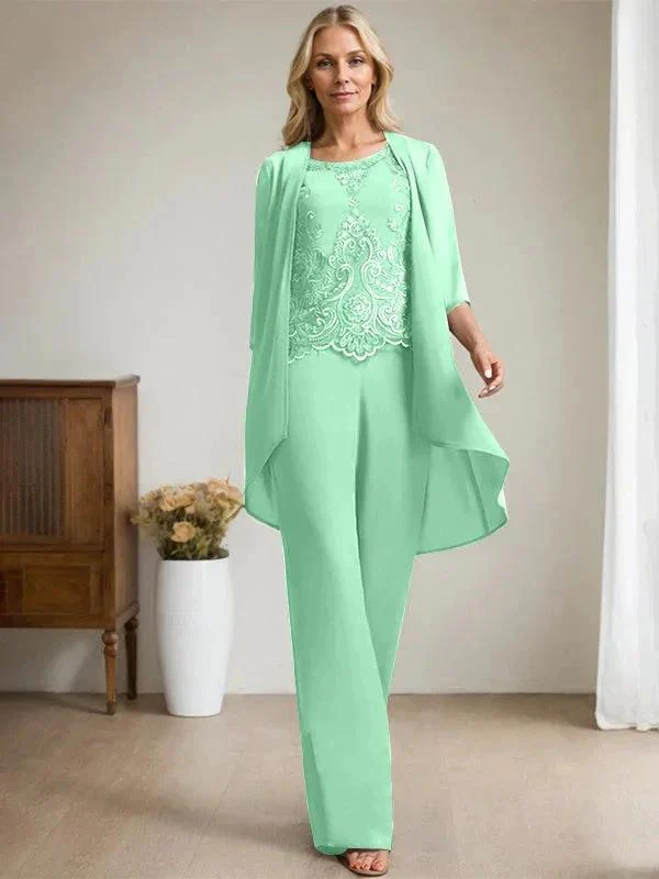 Separates Jumpsuit/Pantsuit Scoop Floor-Length Chiffon Lace Mother of the Bride Dress With Beading Sequins - Image 29