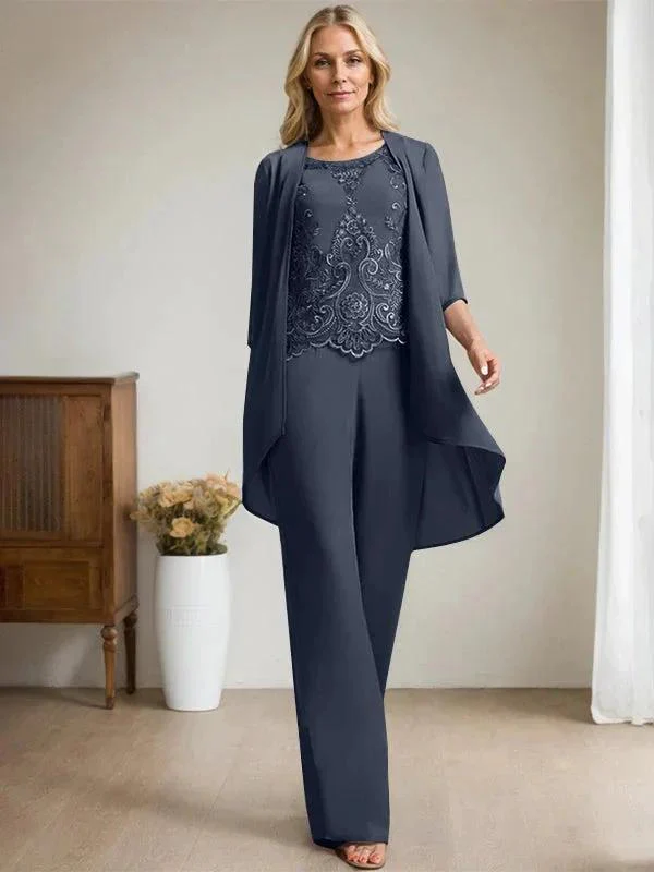 Separates Jumpsuit/Pantsuit Scoop Floor-Length Chiffon Lace Mother of the Bride Dress With Beading Sequins - Image 30