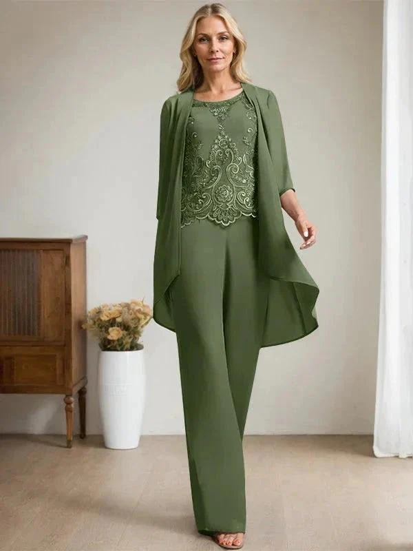 Separates Jumpsuit/Pantsuit Scoop Floor-Length Chiffon Lace Mother of the Bride Dress With Beading Sequins - Image 31