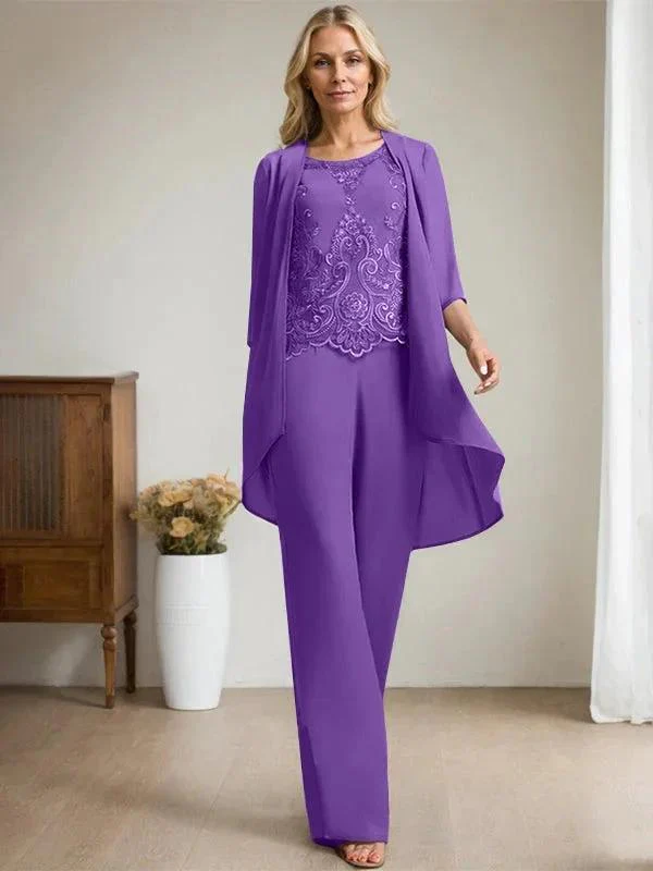 Separates Jumpsuit/Pantsuit Scoop Floor-Length Chiffon Lace Mother of the Bride Dress With Beading Sequins - Image 35