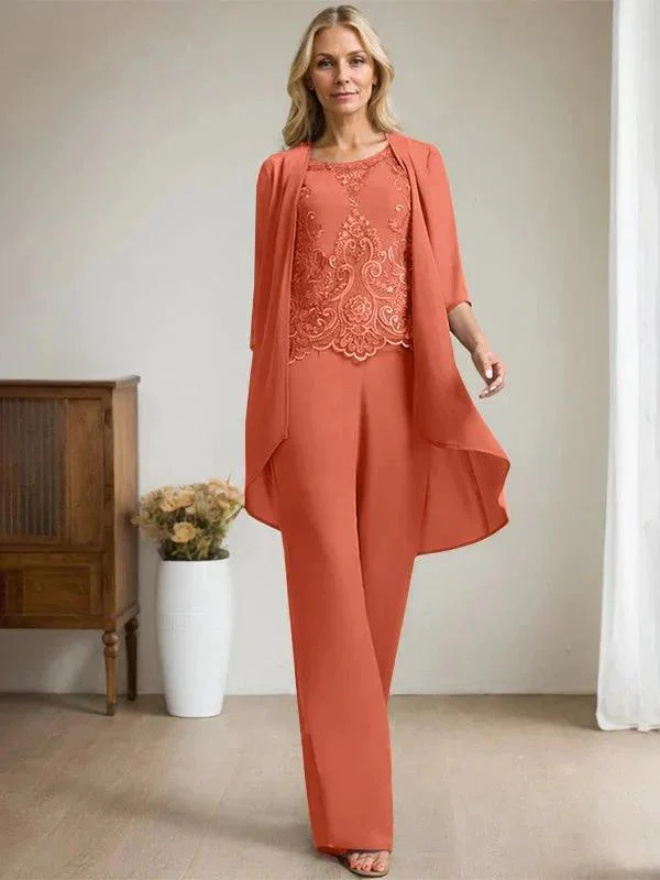 Separates Jumpsuit/Pantsuit Scoop Floor-Length Chiffon Lace Mother of the Bride Dress With Beading Sequins - Image 38