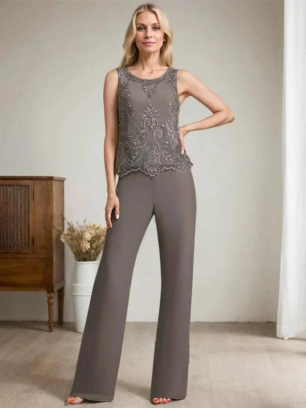 Separates Jumpsuit/Pantsuit Scoop Floor-Length Chiffon Lace Mother of the Bride Dress With Beading Sequins - Image 4