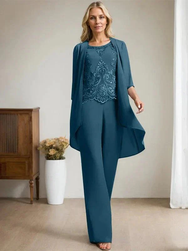 Separates Jumpsuit/Pantsuit Scoop Floor-Length Chiffon Lace Mother of the Bride Dress With Beading Sequins - Image 41