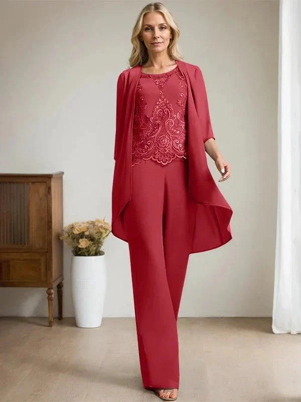 Separates Jumpsuit/Pantsuit Scoop Floor-Length Chiffon Lace Mother of the Bride Dress With Beading Sequins - Image 44