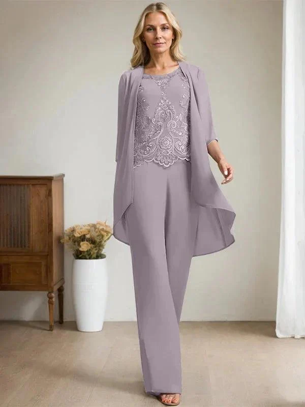 Separates Jumpsuit/Pantsuit Scoop Floor-Length Chiffon Lace Mother of the Bride Dress With Beading Sequins - Image 45