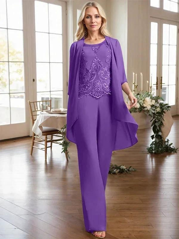 Separates Jumpsuit/Pantsuit Scoop Floor-Length Chiffon Lace Mother of the Bride Dress With Beading Sequins - Image 49