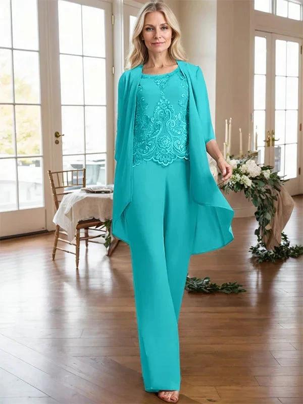 Separates Jumpsuit/Pantsuit Scoop Floor-Length Chiffon Lace Mother of the Bride Dress With Beading Sequins - Image 50