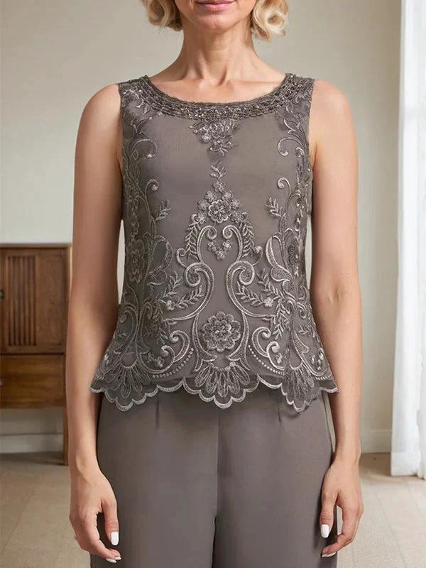 Separates Jumpsuit/Pantsuit Scoop Floor-Length Chiffon Lace Mother of the Bride Dress With Beading Sequins - Image 6