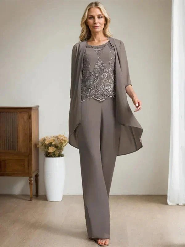 Separates Jumpsuit/Pantsuit Scoop Floor-Length Chiffon Lace Mother of the Bride Dress With Beading Sequins - Image 7