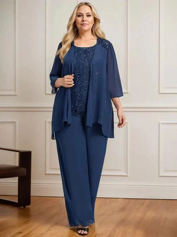 Separates Jumpsuit/Pantsuit Scoop Floor-Length Lace Chiffon Mother of the Bride Dress With Sequins - Image 11