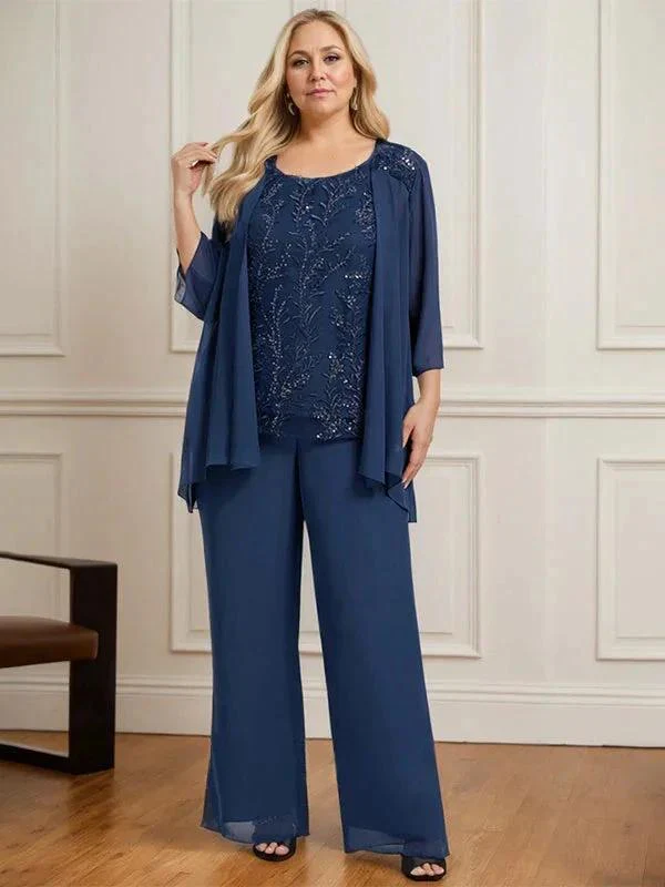 Separates Jumpsuit/Pantsuit Scoop Floor-Length Lace Chiffon Mother of the Bride Dress With Sequins - Image 12